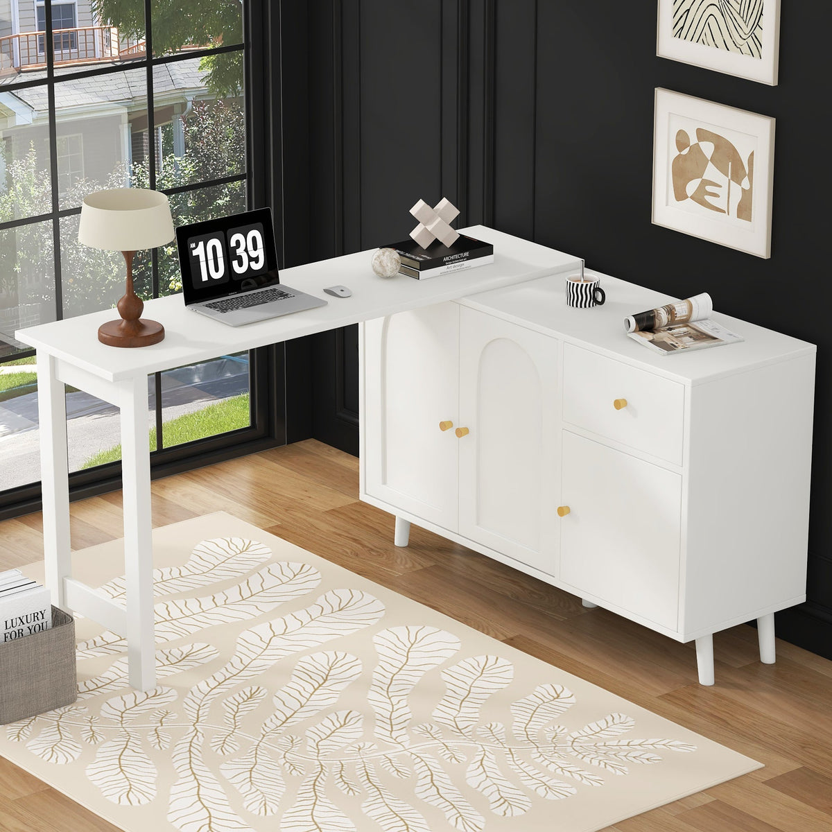 Desk & Sideboard, 2-in-1 360° Rotatable with 3 Doors & 1 Drawer