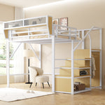 Loft Bed 140x200 with Safety Ladder & Storage, White Metal