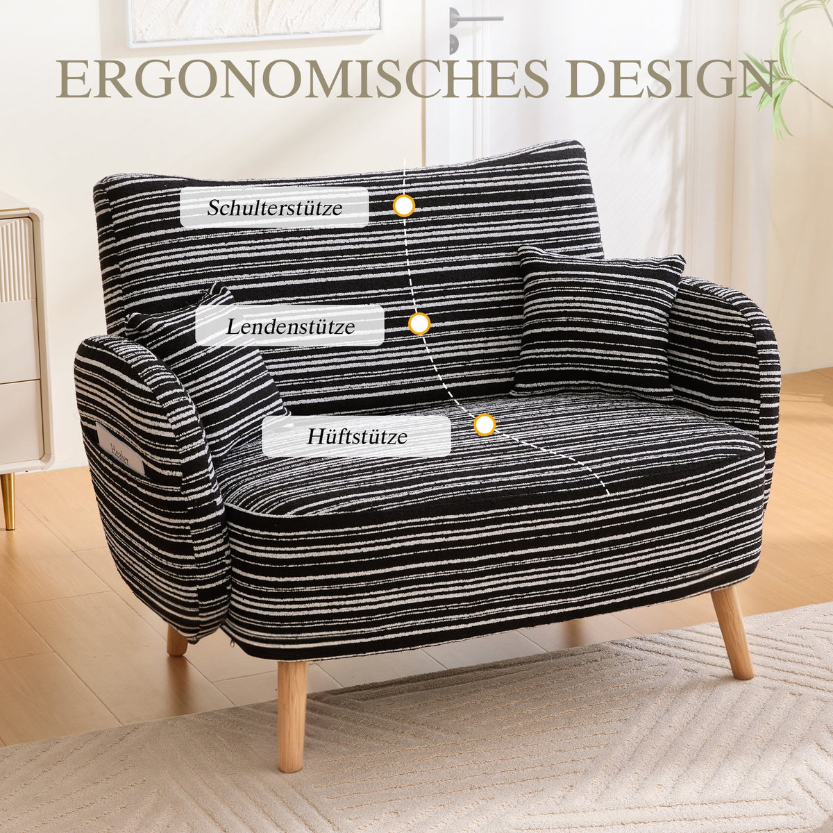 Modern Two-Seater Sofa with Armrest Cushions and Storage Bag, Boucle