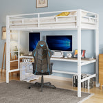 Loft Bed with Desk, USB Ports and LED Light Strip, White Metal