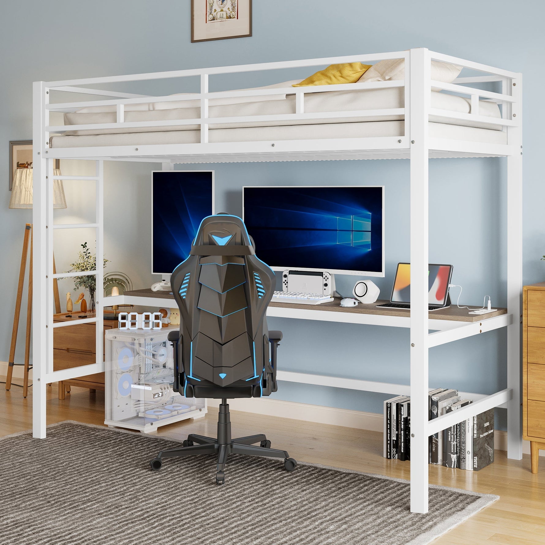 Loft Bed with Desk, USB Ports and LED Light Strip, White Metal