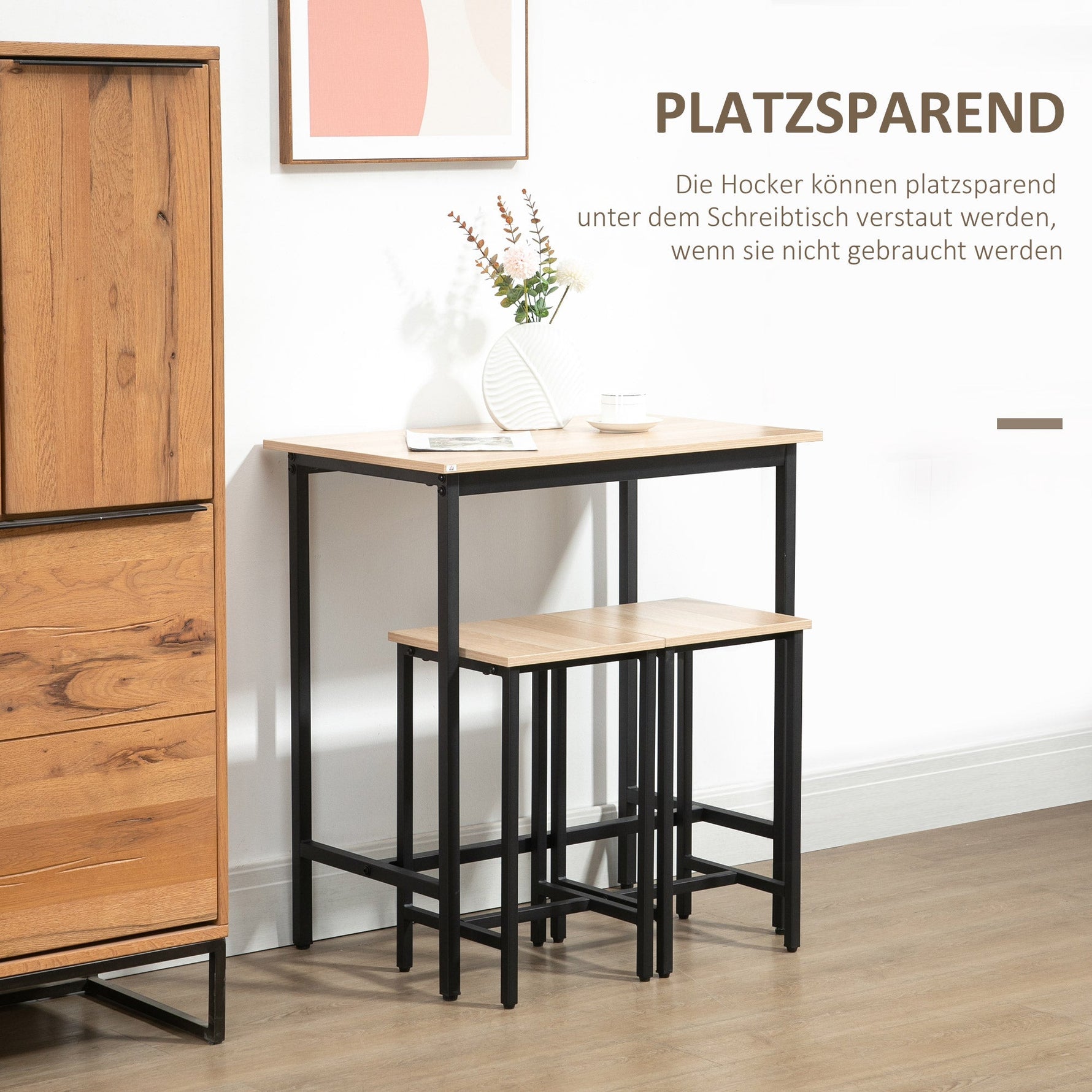 3-Piece Dining Set, Balcony & Garden, Natural Wood Look & Black