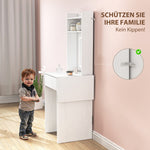 Compact Dressing Table, Mirror, LED Lighting, Folding Tabletop, Open Shelves, Drawer, White MDF