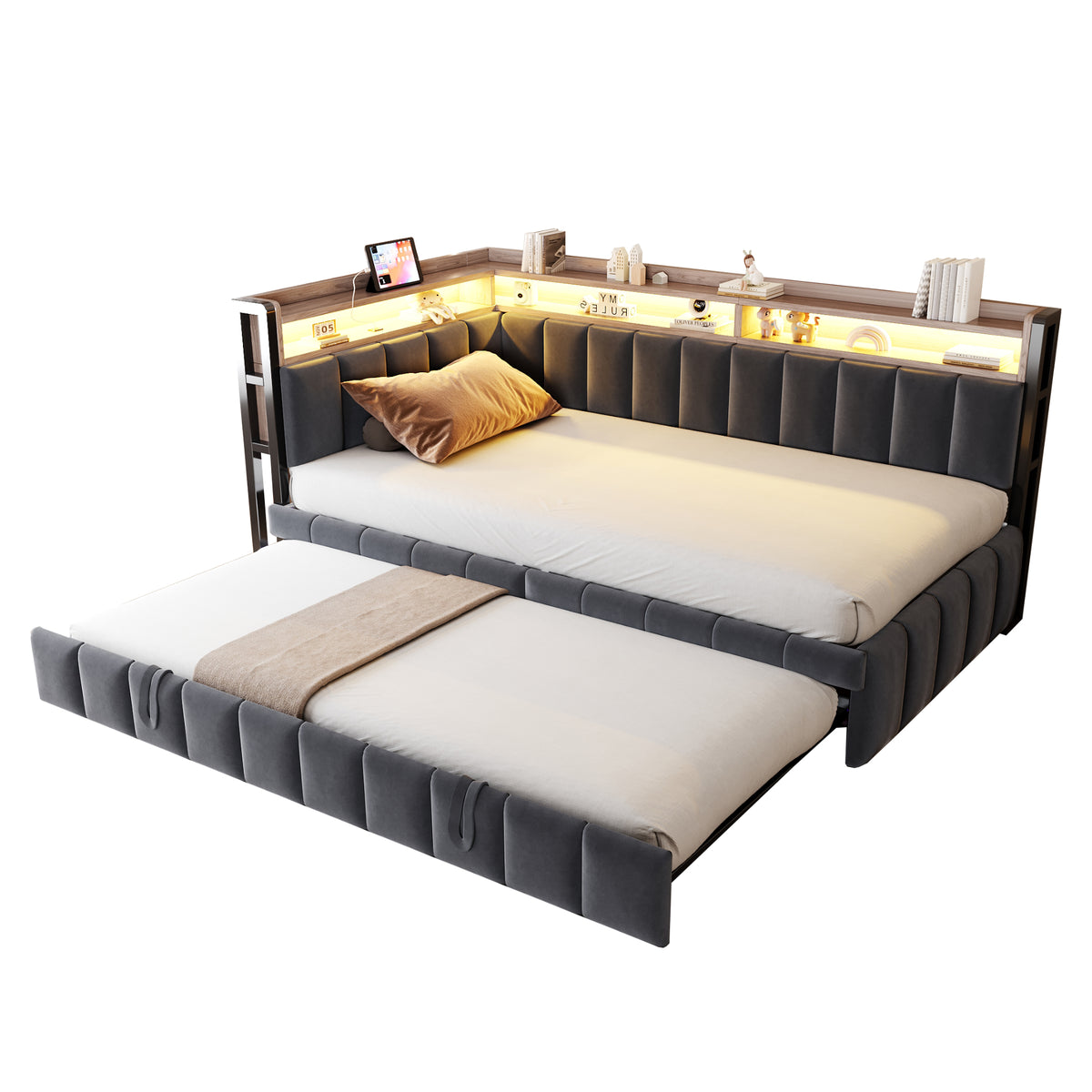 Upholstered Sofa Bed 90x200cm with Pull-Out Bed, Dark Grey Velvet