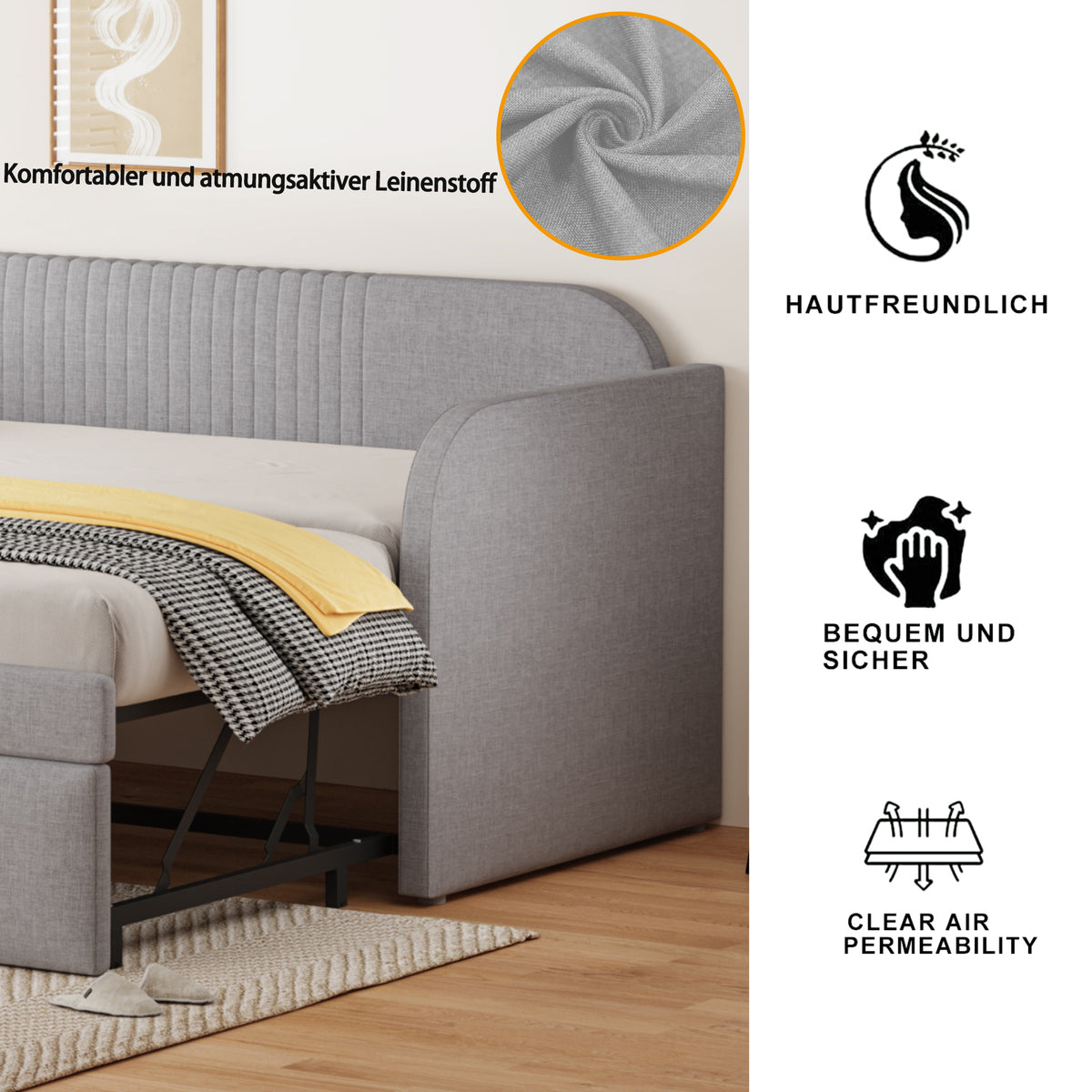 Upholstered Extendable Sofa Bed 90/180x190cm, Light Grey Linen