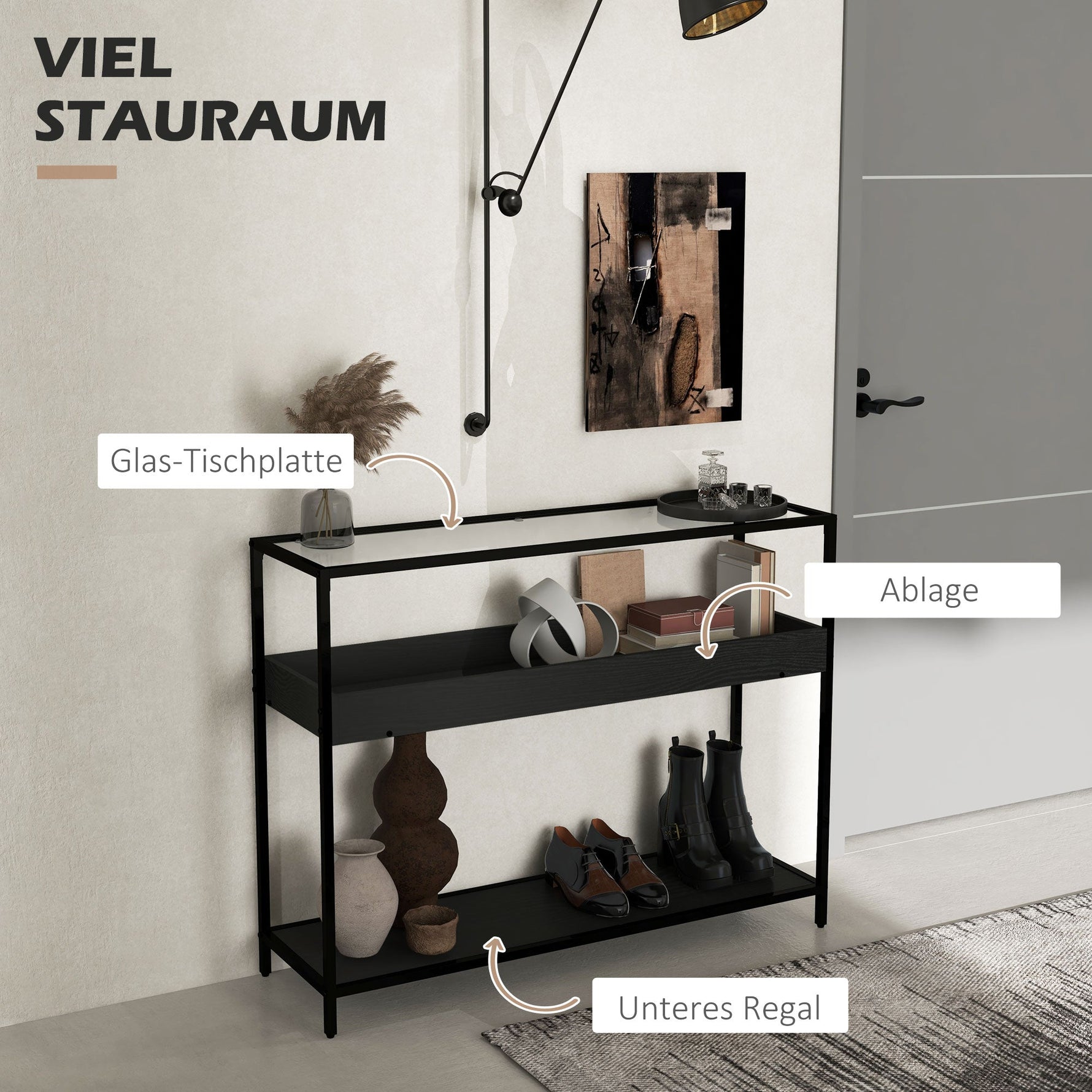 Console Table, 2 Shelves Glass Top, Steel Black