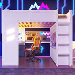 Loft Bed 140x200cm Gaming with Desk, LED Lights, USB/Type-C Ports, White