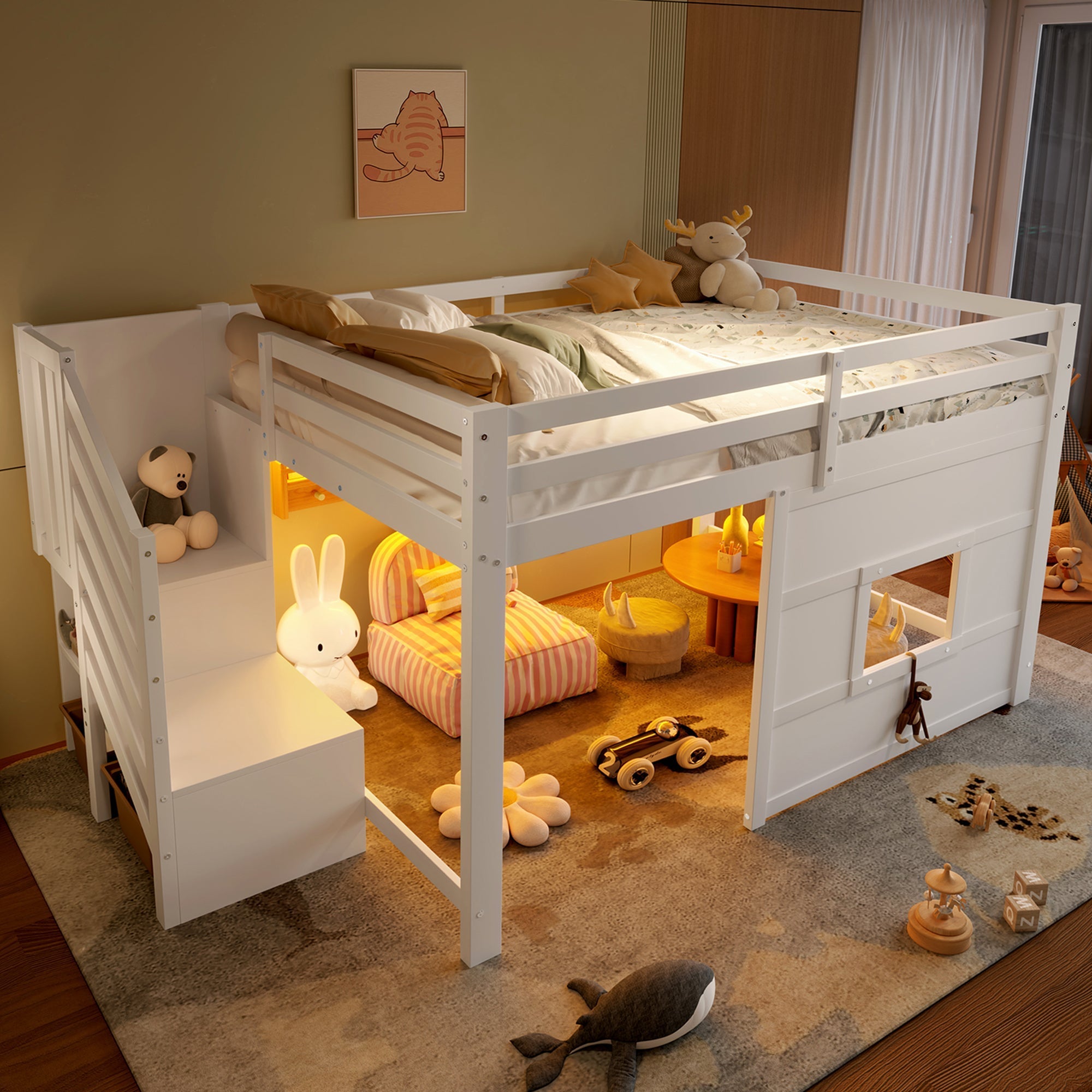 Loft Bed 140x200 with Storage Stairs and Window, White