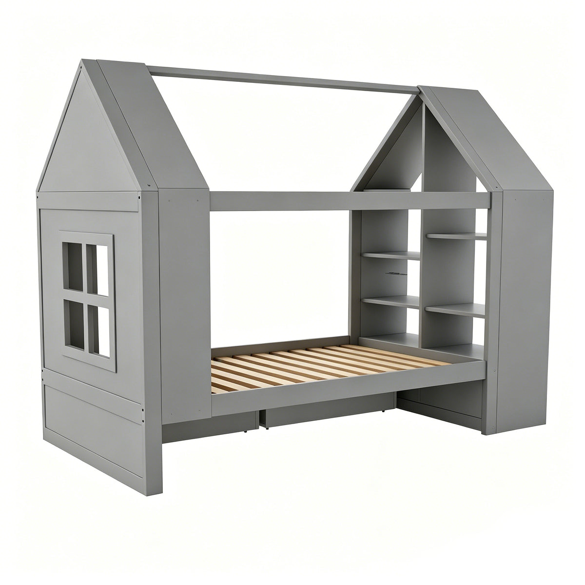 Children's House Bed 90x200cm with Storage Drawers & LED, Grey