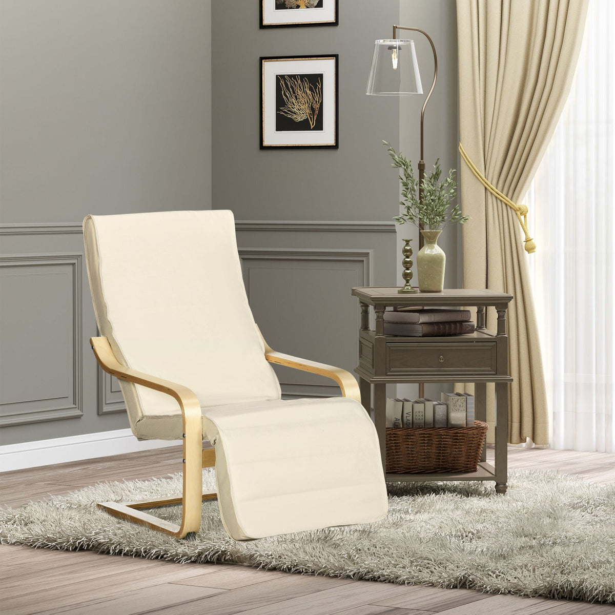Recliner Chair, Rocking Relaxing with Adjustable Footrest, Birch Wood Cream White