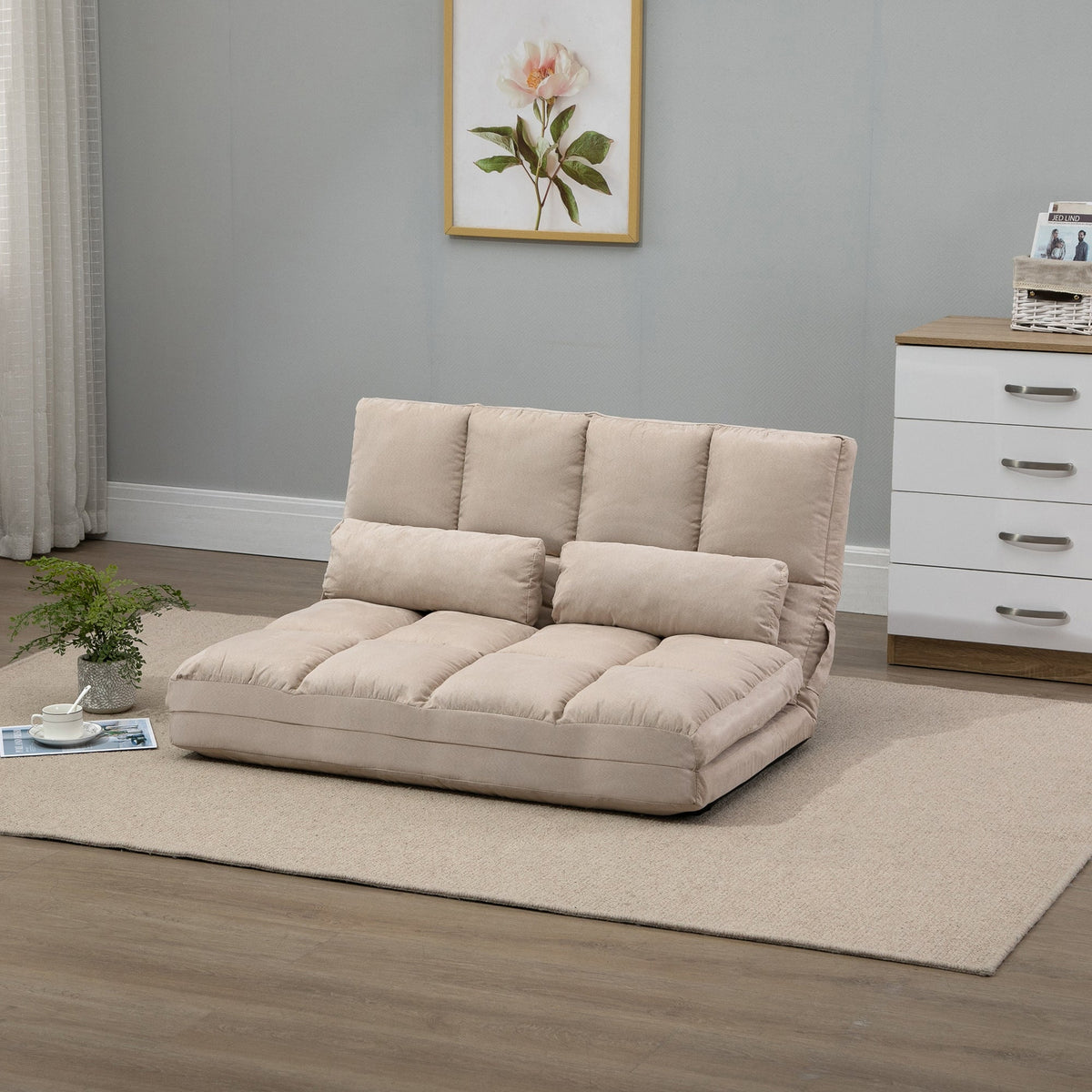 Floor Chair 2-in-1 Bed Adjustable Backrest Seat Cushion Beige Velvet Steel