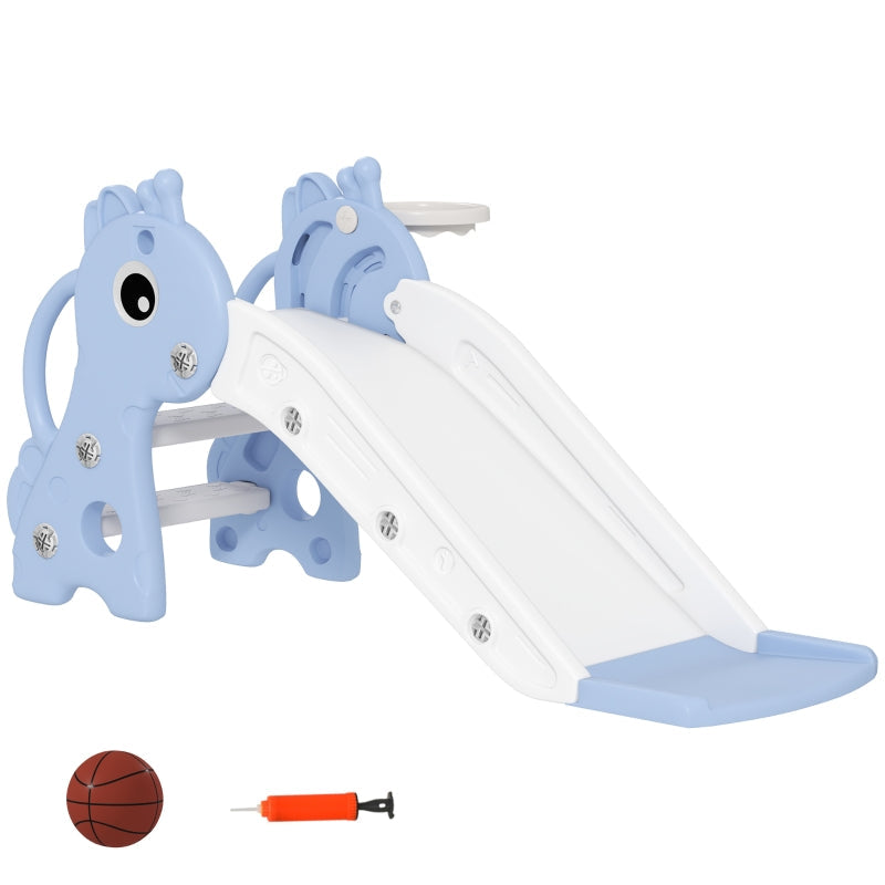 AIYAPLAY 3-in-1 Kids Slide, Giraffe Shape, Basketball Hoop, Ball, Blue