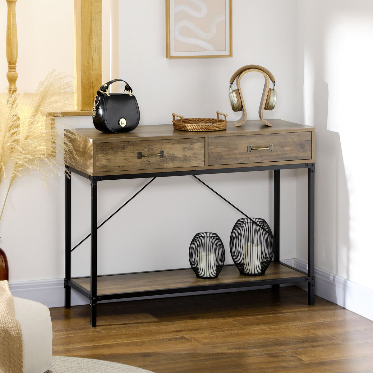 Side Table with 2 Drawers and Lower Shelf, Vintage Brown Black