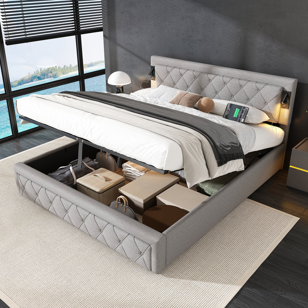 Upholstered Storage Bed 180x200 with USB & LED, Grey Linen