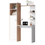 Work Table/Desk with Storage, Lower Cabinet & Open Shelf, White/Slatted Wood