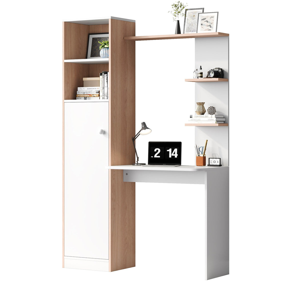 Work Table/Desk with Storage, Lower Cabinet & Open Shelf, White/Slatted Wood