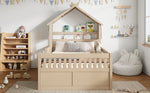Wooden House Bed with Pull-out Bed, 3 Drawers and Safety Rails, 140x200cm, Cream