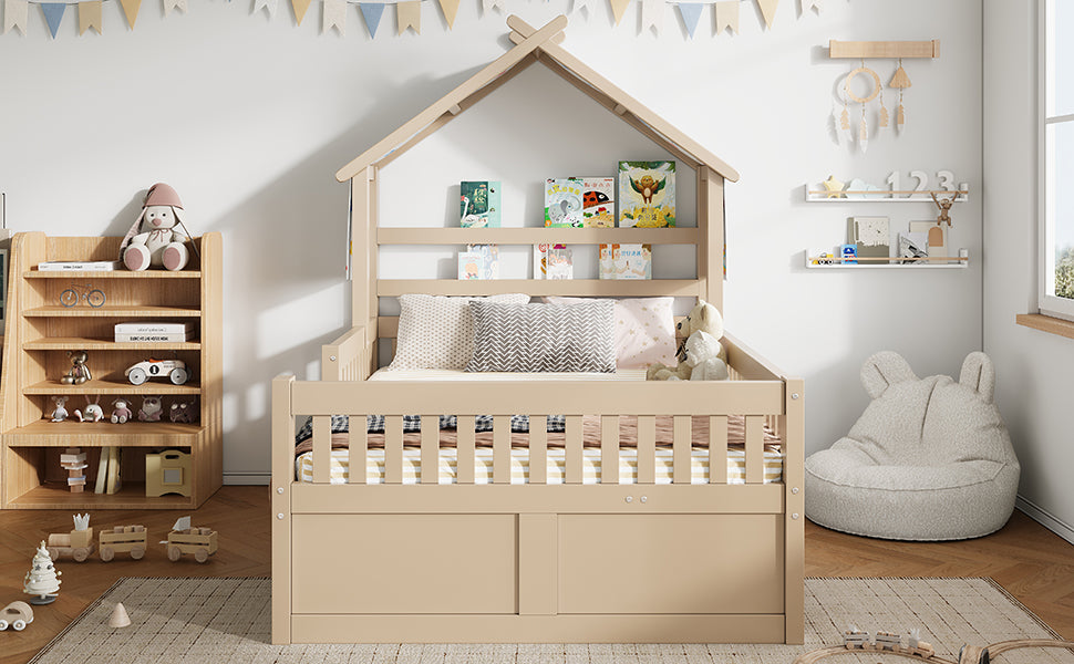 Wooden House Bed with Pull-out Bed, 3 Drawers and Safety Rails, 140x200cm, Cream