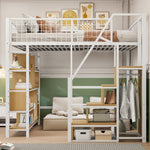 Multifunctional Loft Bed 140x200cm Storage Shelves Stairs Adults/Kids Metal White