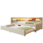 Daybed with LED Light Strip and Pull-out Bed, USB + Type-C, Beige Linen