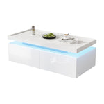 Coffee Table LED High-Gloss with 2 Drawers Geometric Design White