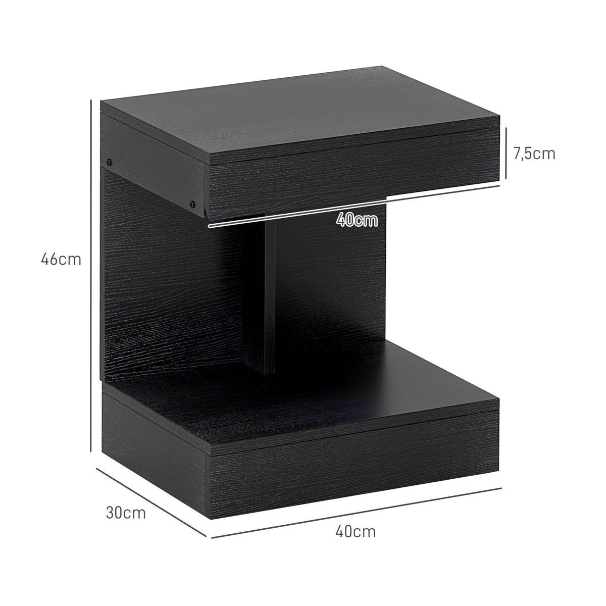 Bedside Table with Drawers, Shelf, 40 x 30 x 46 cm, Black