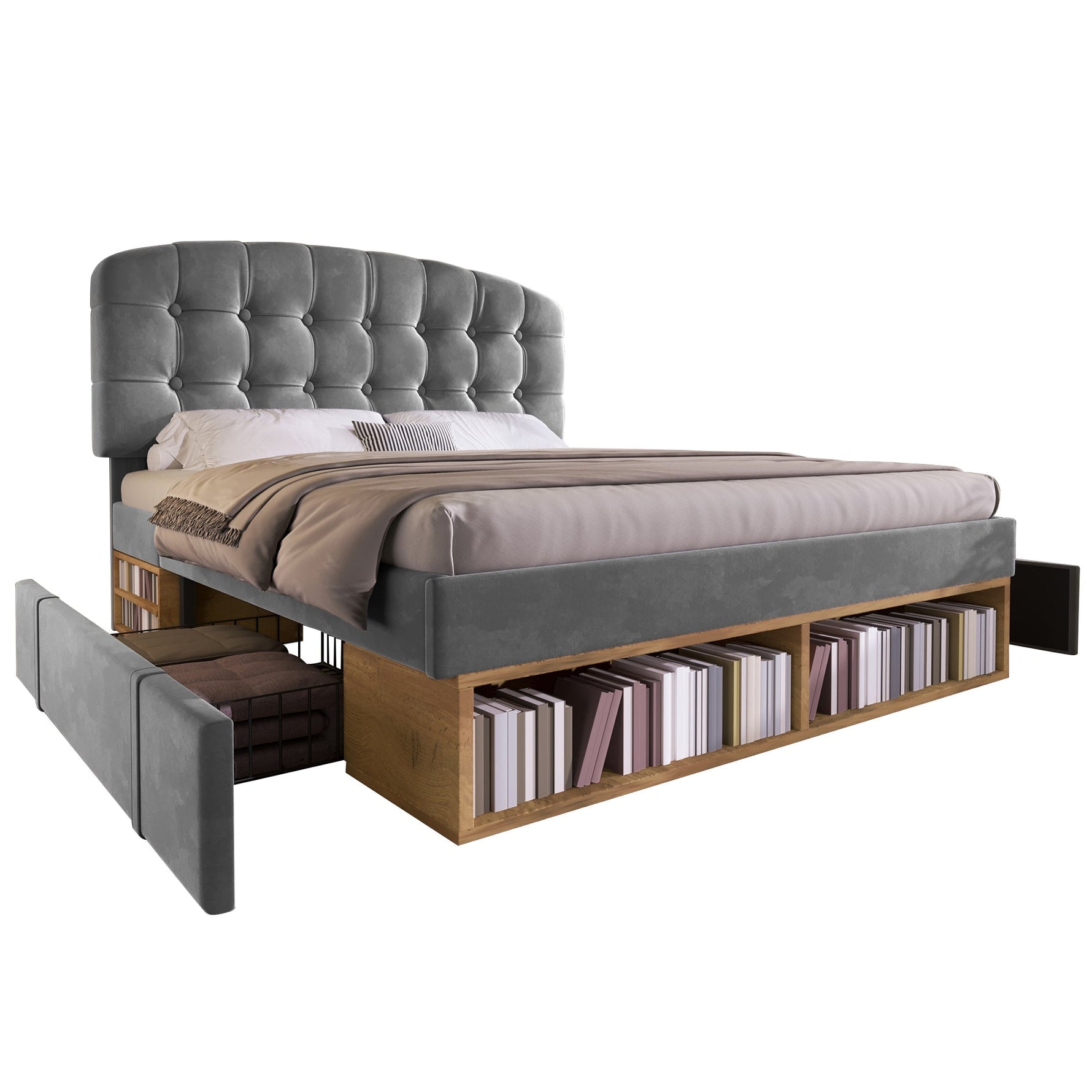 Upholstered Double Bed with Drawers, Storage and Adjustable Headboard, 140x190cm, Grey Velvet