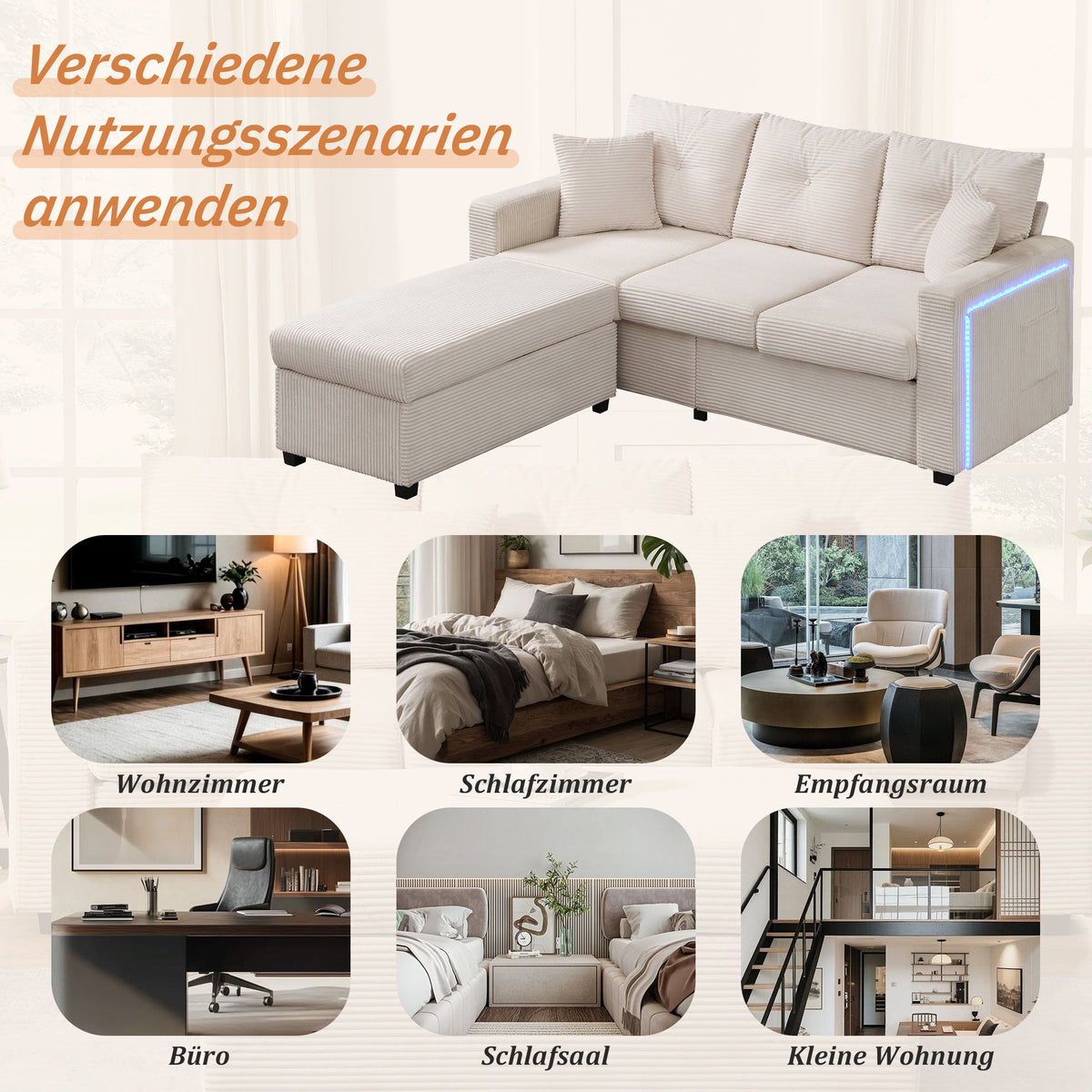 Sofa, Modern LED Combination with Cloud-Like Seating, 3-Seater + Ottoman, Modular L-Shaped