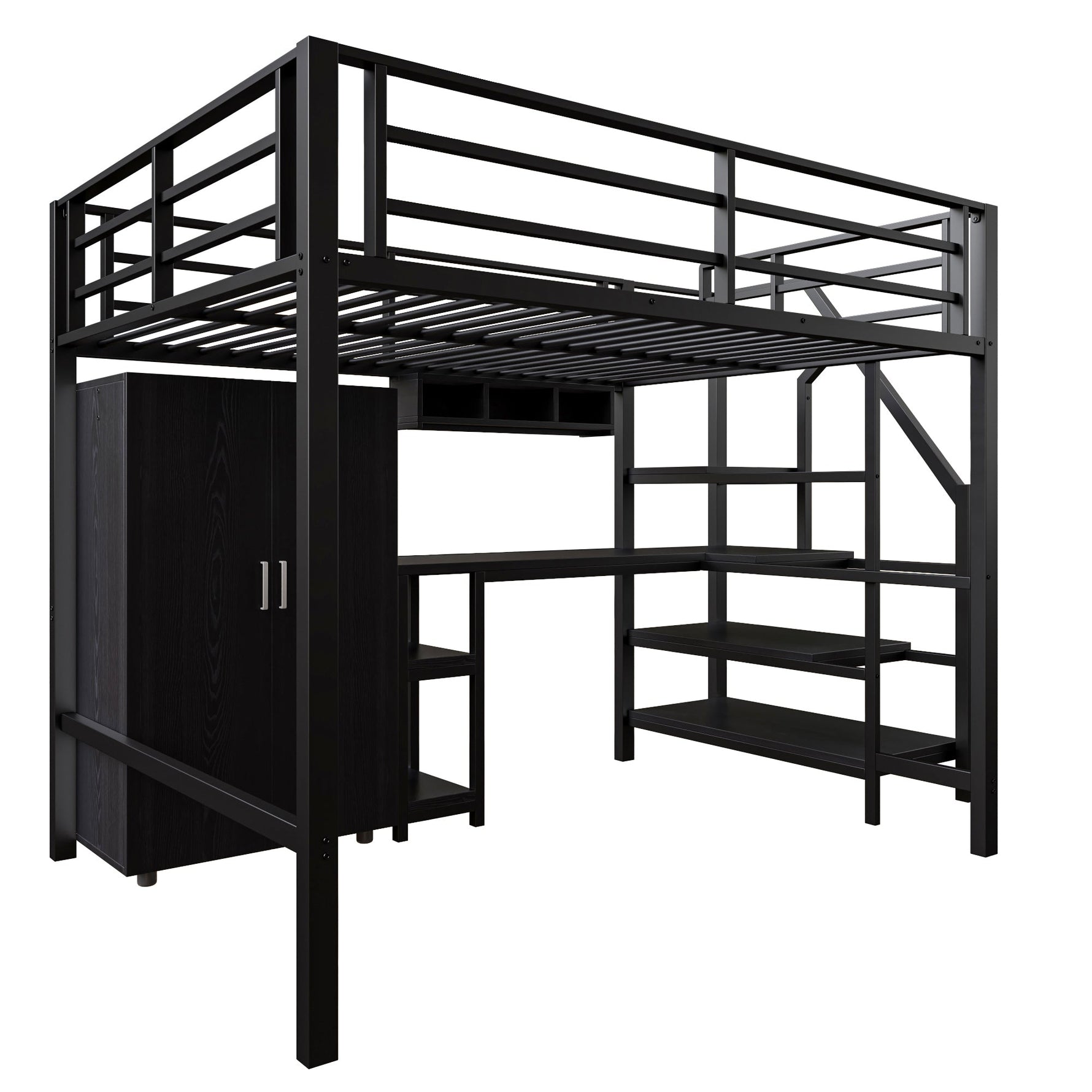 Loft Bed 140x200cm Wardrobe Shelves Storage Ladder Desk, Black