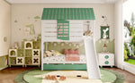 House Bunk Bed, 90X200 with Slide and Pull-Out Bed, White+Green