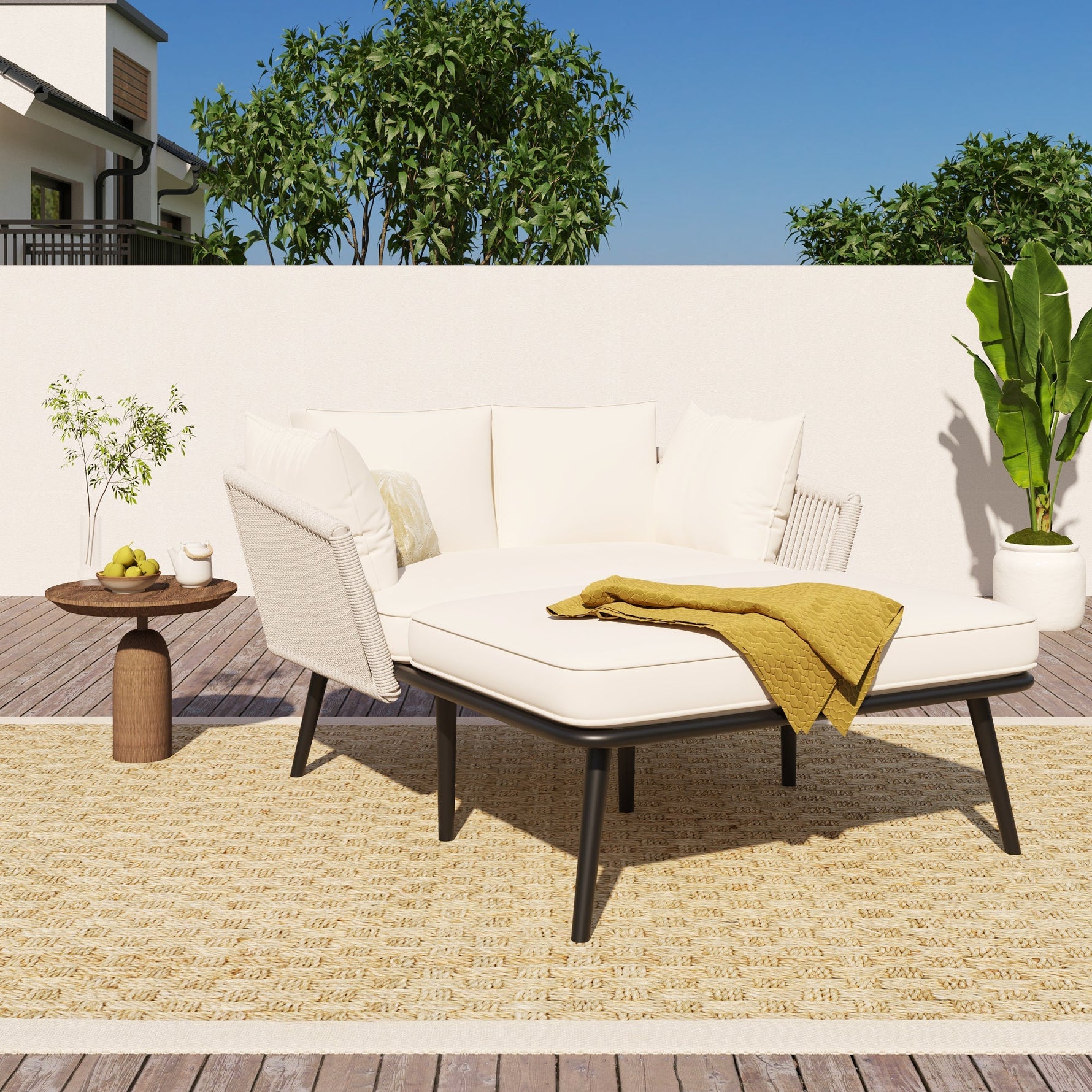 Garden Sofa with Cushions and Pillows, Outdoor Sun Lounger and Furniture Set, Beige