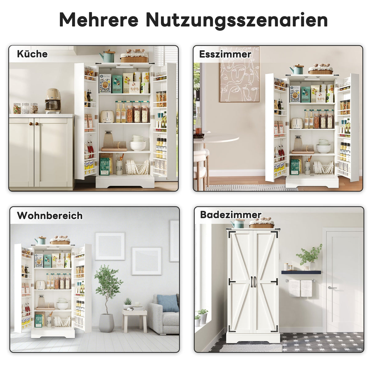 Pantry Cabinet 128.5cm Farmhouse LED 2 Doors Adjustable Shelves - White