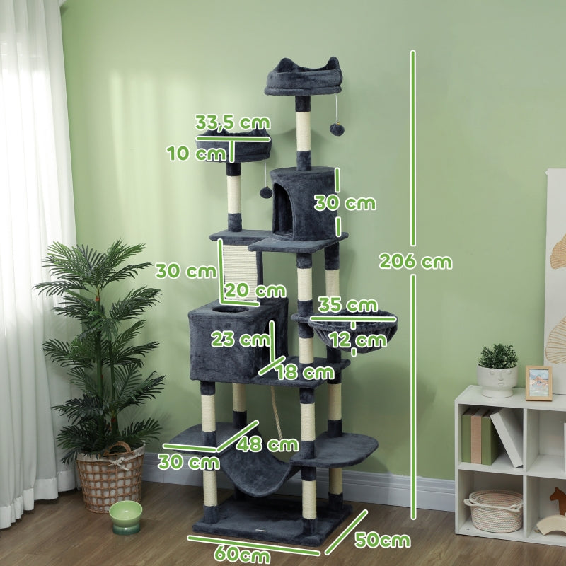 Cat Tree with Cave, 2 Play Balls, Sisal Posts, Platform, Dark Grey