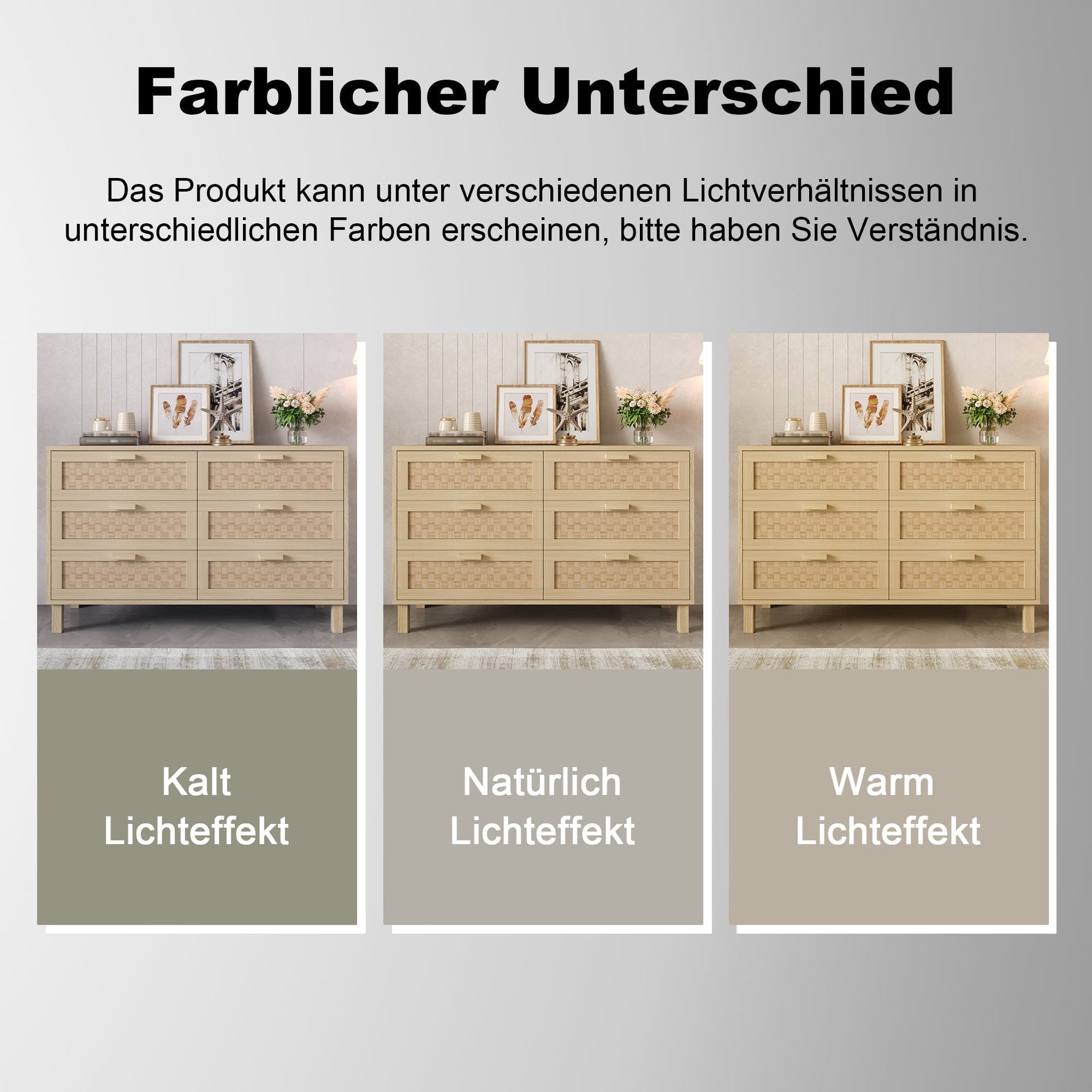 Sideboard & Chest of Drawers, 6-Drawer Rattan Look, Natural Wood