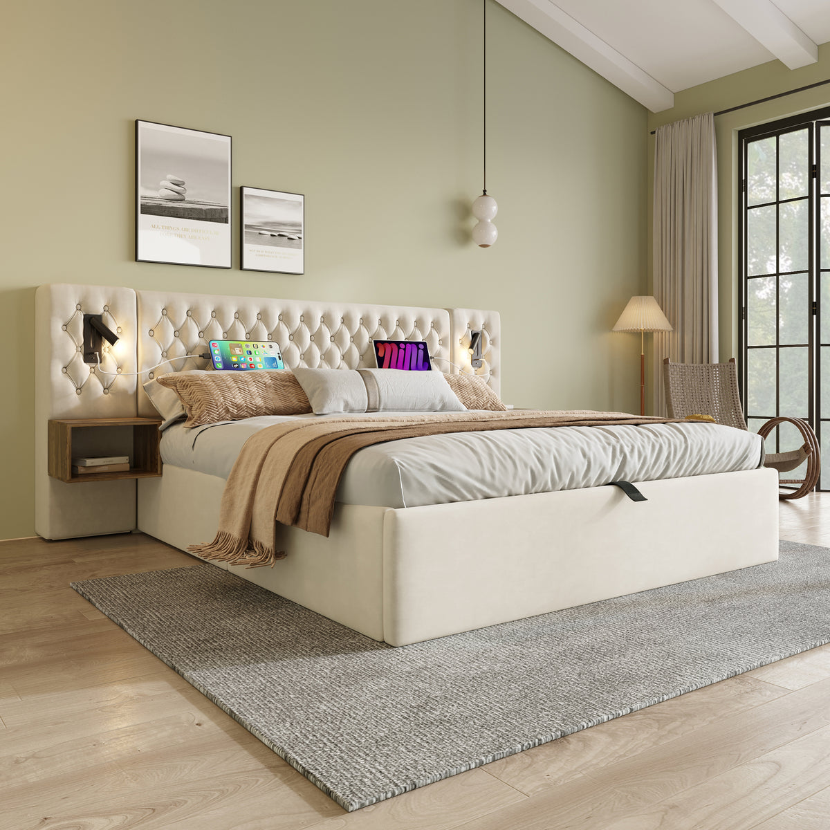 Sofa Bed 90x190cm with Storage, LED & USB, Beige Velvet