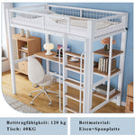 Iron Frame Bunk Bed with Table, Shelves, Ladder, Rail, 90x200cm, White + Natural Iron + MDF