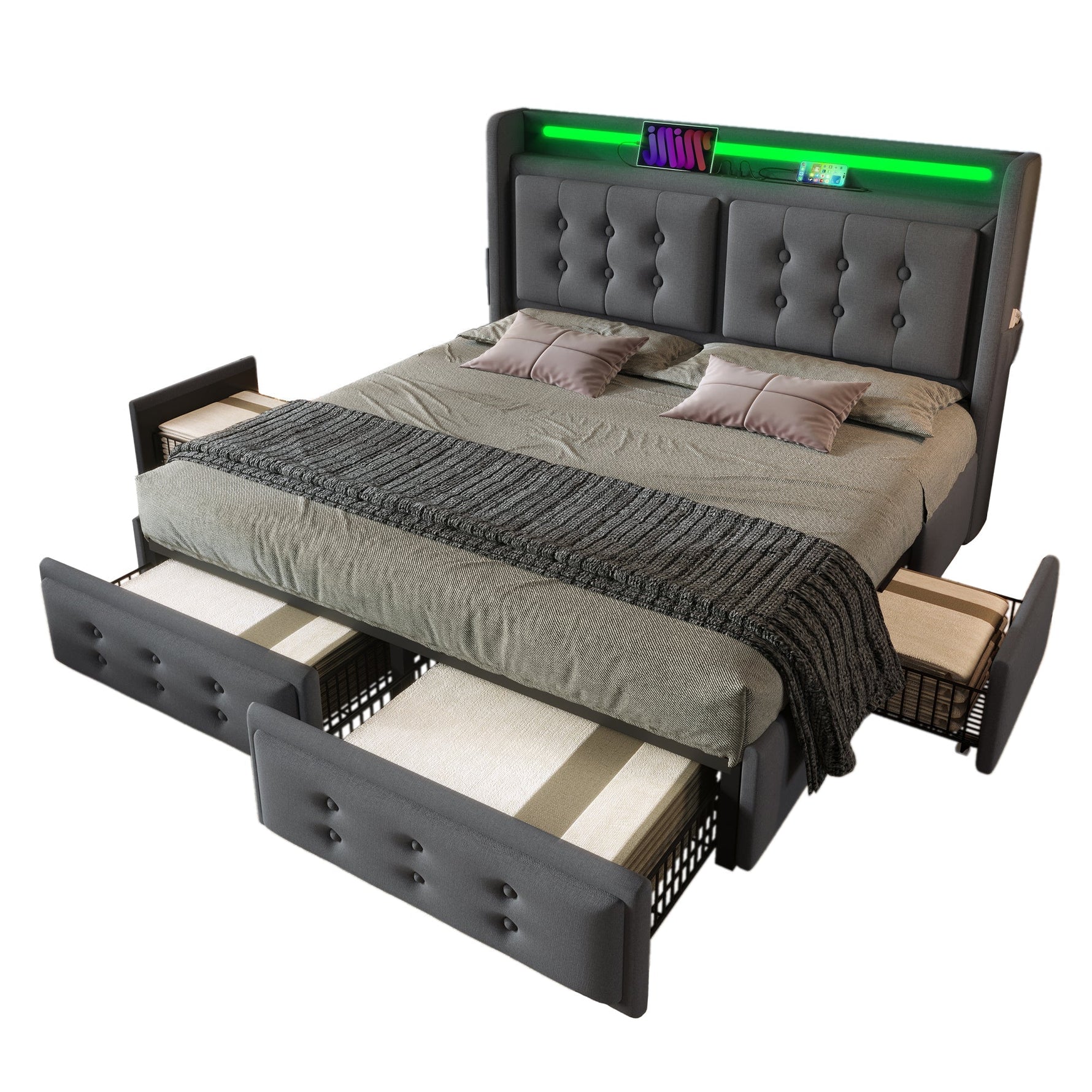 Upholstered Bed 140x200, LED Headboard with USB-C, 4 Storage Drawers, Gray Cotton