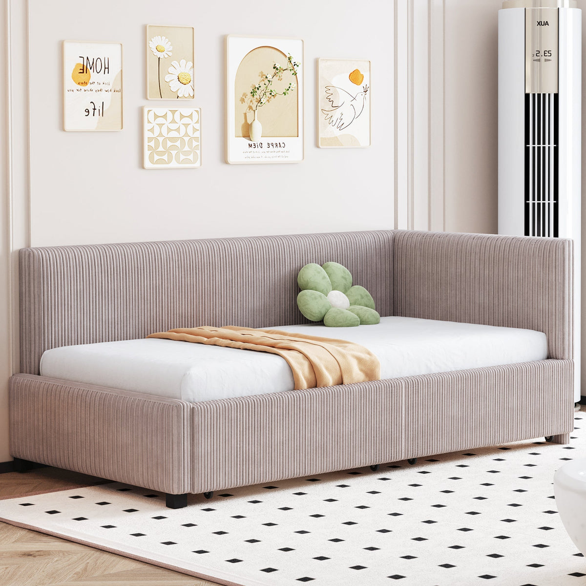 Upholstered Bed Sofa, 90x200 Multifunctional with 2 Storage Drawers, Gray Velvet