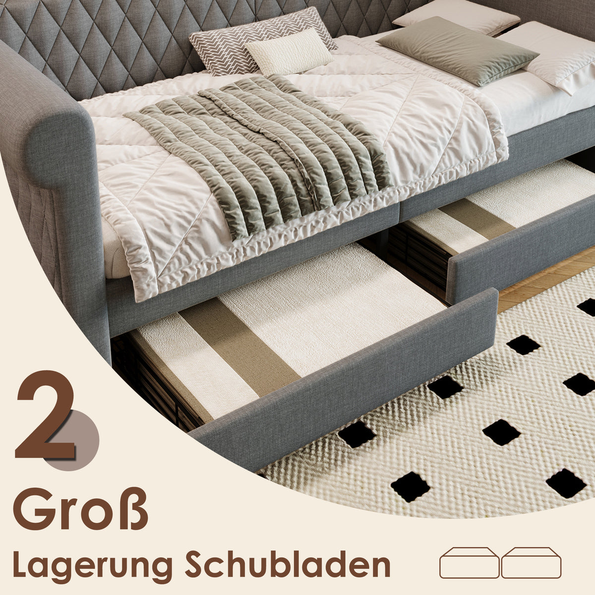 Vintage Upholstered Daybed 90x200cm with 2 Drawers, Grey Linen
