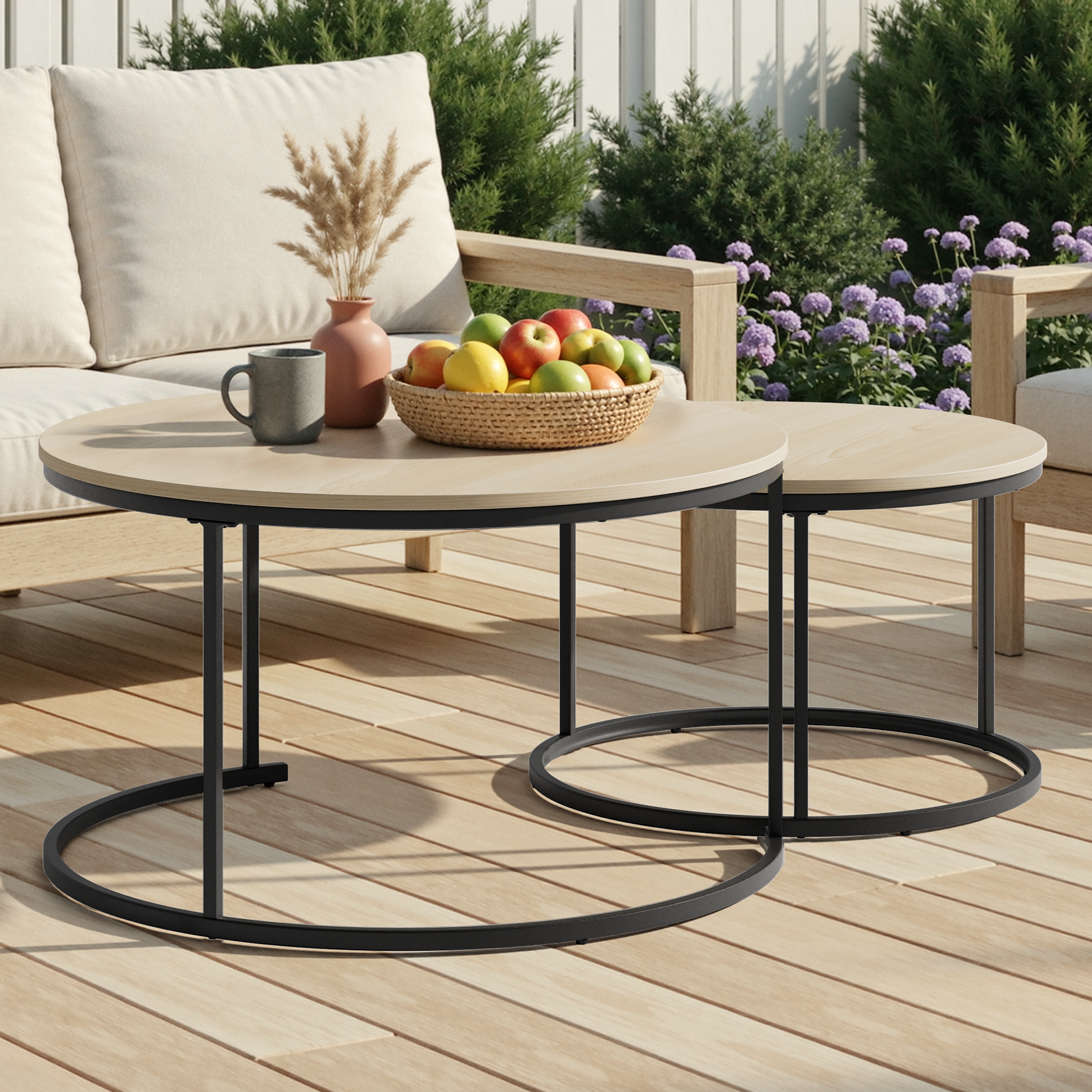 Nesting Coffee Table Set, Two-piece Round 80cm Modern Design, Oak Veneer and Metal Frame