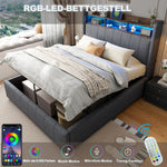 Upholstered Bed 140x200cm, LED & USB, Hydraulic Storage, Grey Linen