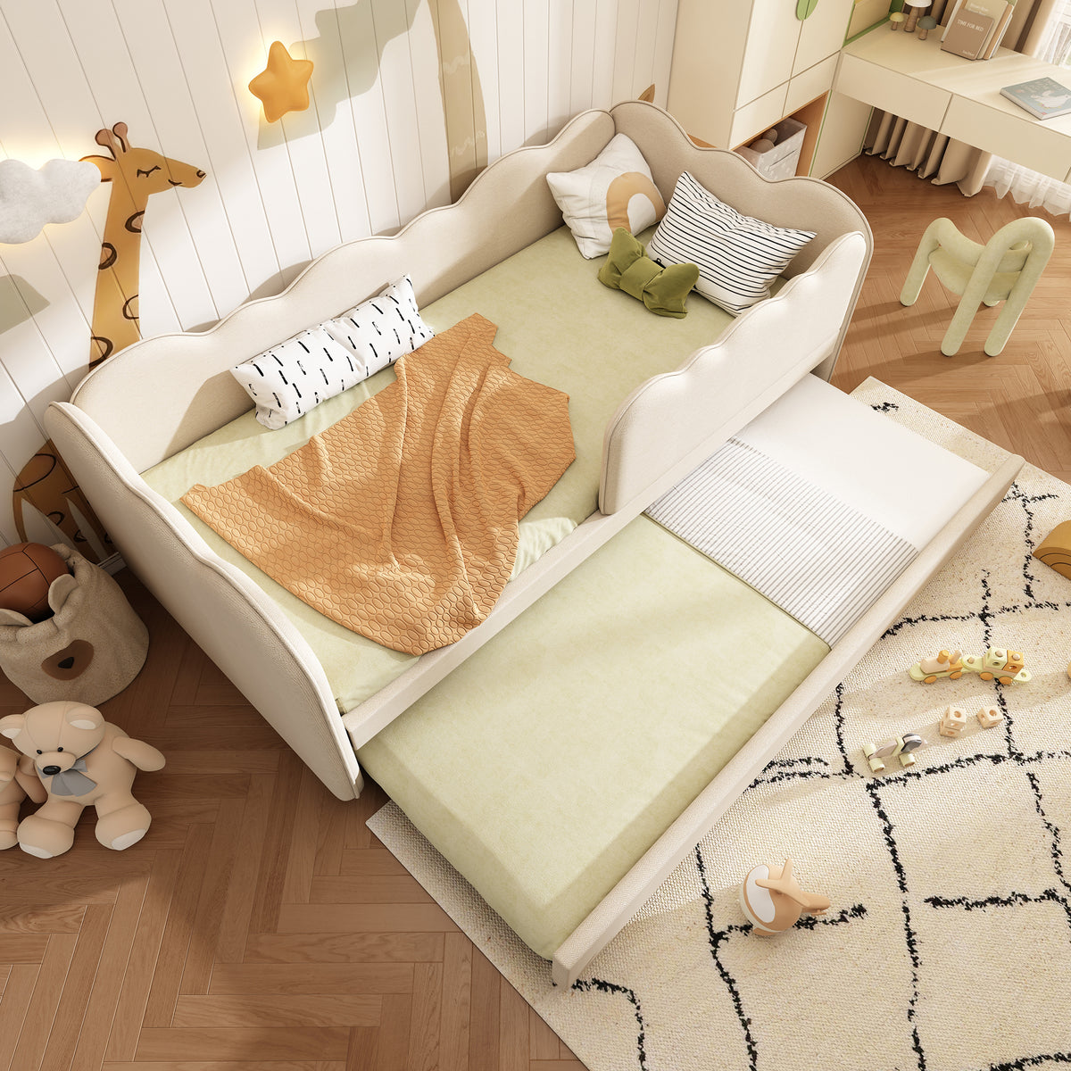 Upholstered Single Bed 90x200cm with LED & Storage, Beige Velvet