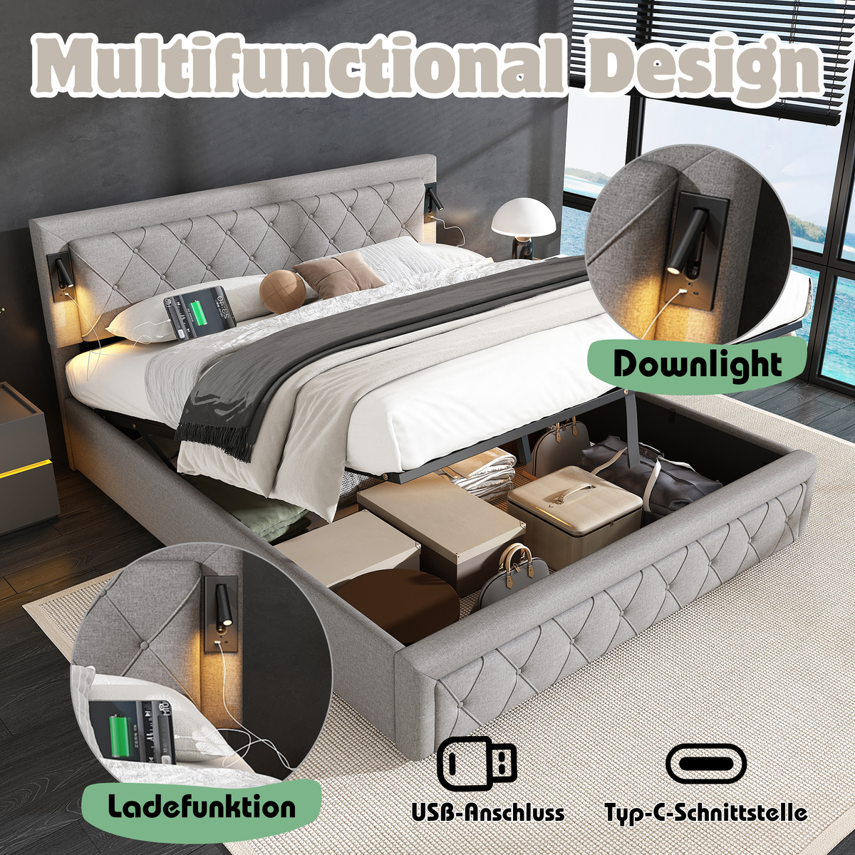 Upholstered Storage Bed 180x200 with USB & LED, Grey Linen