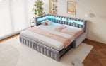 Upholstered Extendable Sofa Bed with LED Lighting, USB Port and Striped Pattern, 90x200cm, Light Grey Velvet