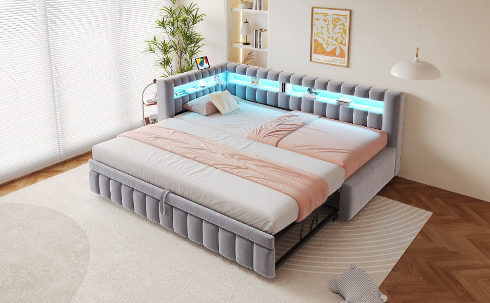 Upholstered Extendable Sofa Bed with LED Lighting, USB Port and Striped Pattern, 90x200cm, Light Grey Velvet