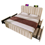 Upholstered Bed 140x190cm with 4 Drawers & USB, Beige Linen