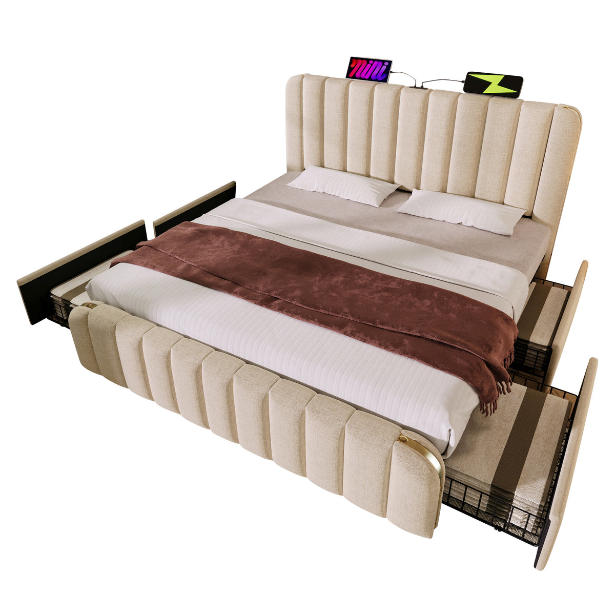Upholstered Bed 140x200cm with 4 Drawers & USB, Beige Linen