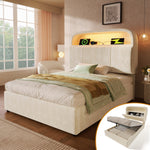 Upholstered Single Bed 90x200cm Hydraulic Storage LED USB/Type-C Adjustable Headboard - Velvet Beige (With Mattress)
