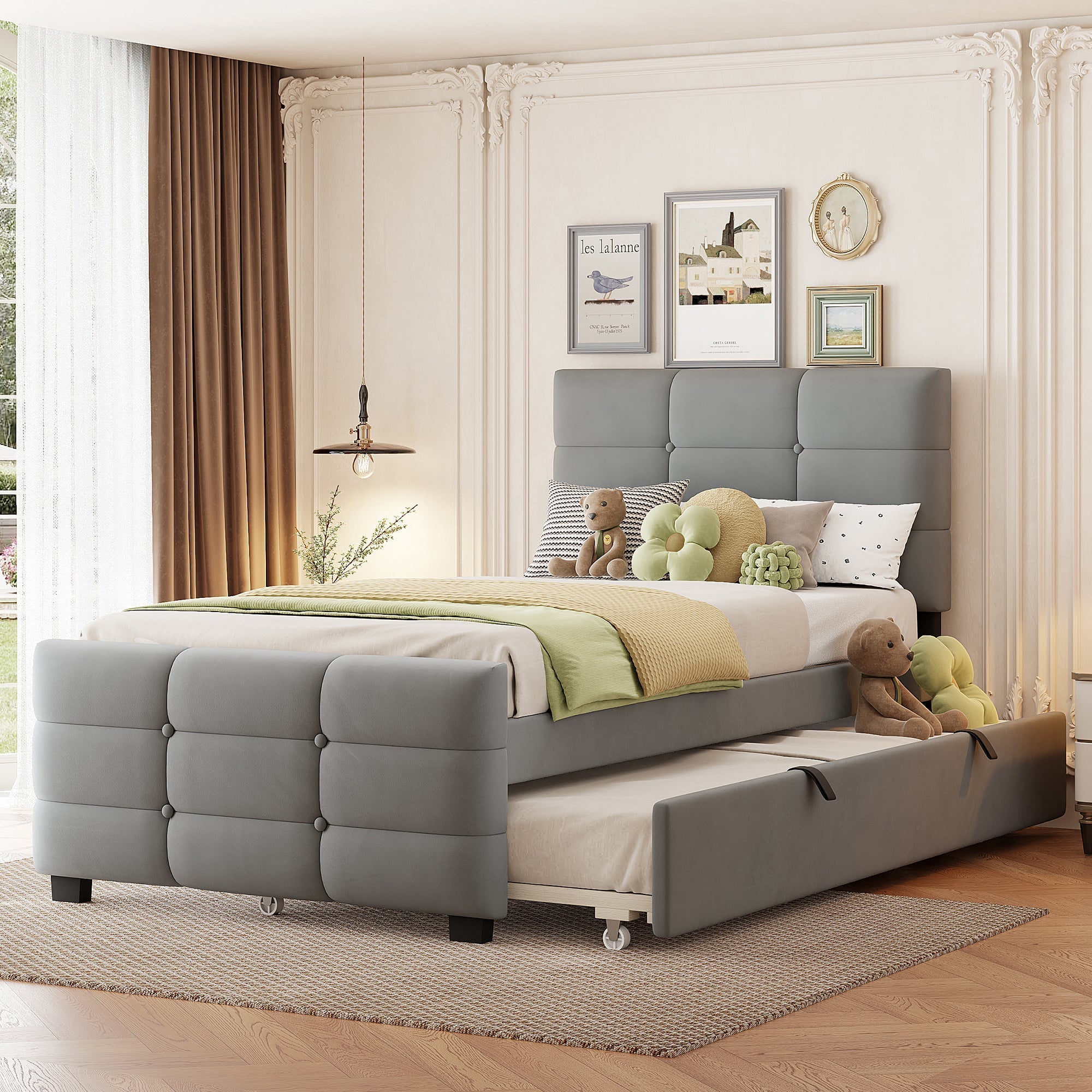 Upholstered Bed with Pull-out Bed, 90x190cm, Grey Velvet Fabric