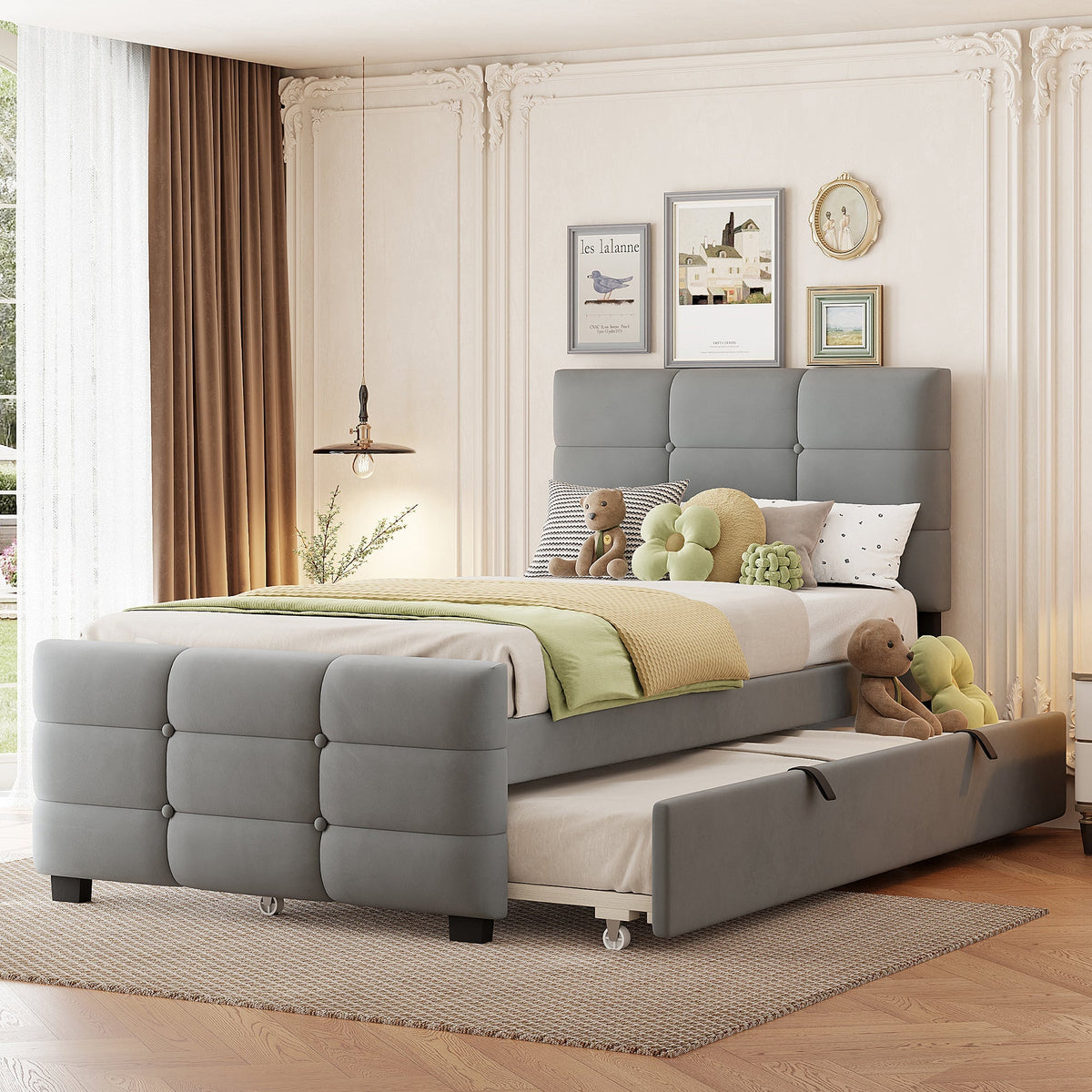 Upholstered Bed with Pull-out Bed, 90x190cm, Grey Velvet Fabric
